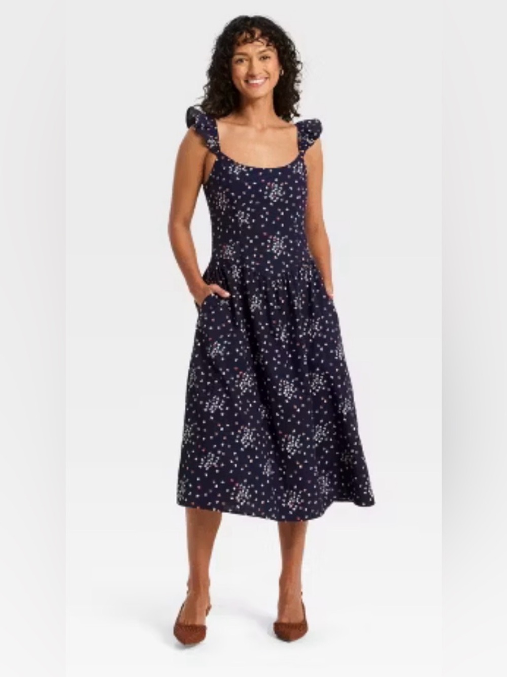 Universal Thread Navy Blue Floral Midi Dress with Ruffle Straps
